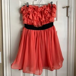 Pinkish- orange salmon colored strapless ruffle top dress